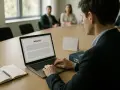 Un homme rédige le pv cse sur son ordinateur portable lors d'une réunion. Un livre "Code Travail" est posé à côté.