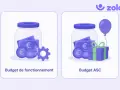 Budget de fonctionnement CSE : une tirelire remplie d'euros et un engrenage symbolisant les dépenses. Budget ASC : une tirelire, un cadeau et un ballon pour les avantages sociaux.
