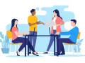 Équipe discutant autour d'une table, ordinateurs portables, plantes. Une scène de travail moderne, reflet de l'actualité droit social.