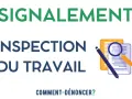 Modèle de lettre pour signaler un problème à l'inspection du travail. Illustration d'un document, d'une loupe et d'un stylo.