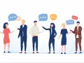 Six personnes discutent, leurs bulles de dialogue flottant au-dessus. Un baromètre social de la communication.
