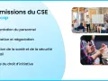 Les 4 missions du CSE : représentation, consultation, protection santé/sécurité et droit d'initiative. Illustration de réunions professionnelles.
