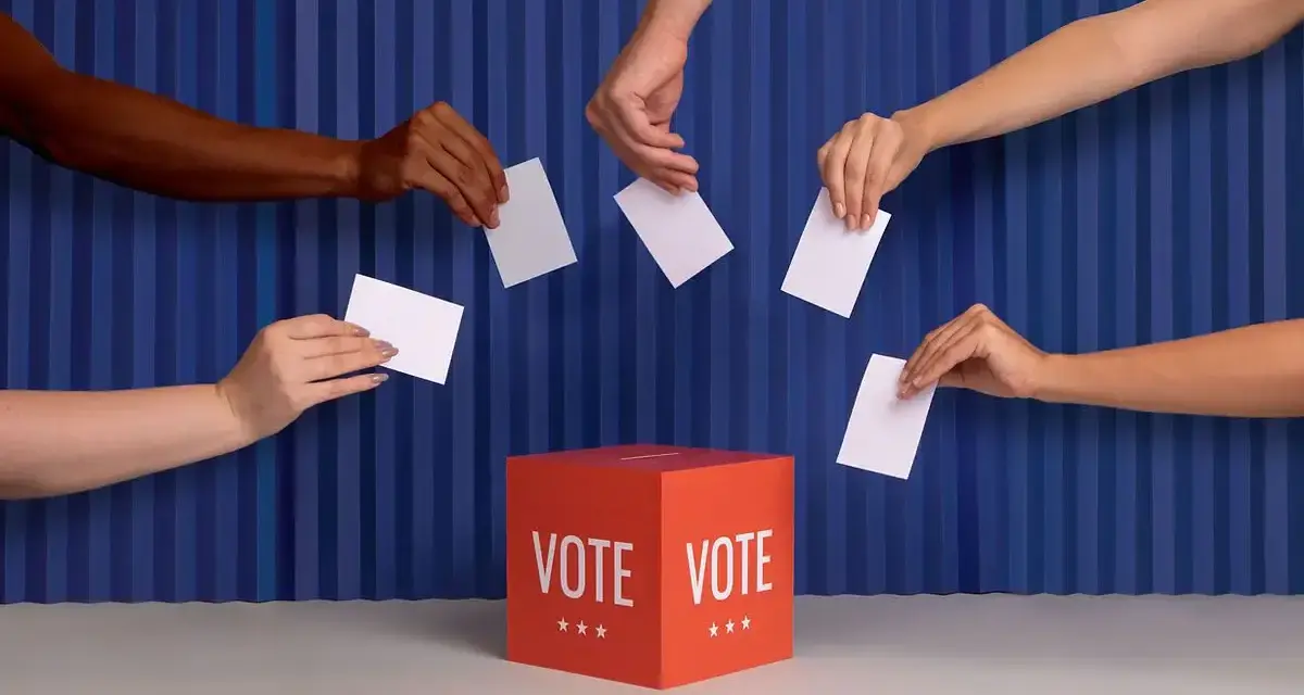 Plusieurs mains déposent des bulletins dans une urne rouge "VOTE". Le nombre de mandats CSE est en jeu.