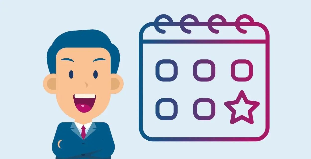 Un homme souriant à côté d'un calendrier avec une étoile, symbolisant un bon de délégation CSE approuvé.