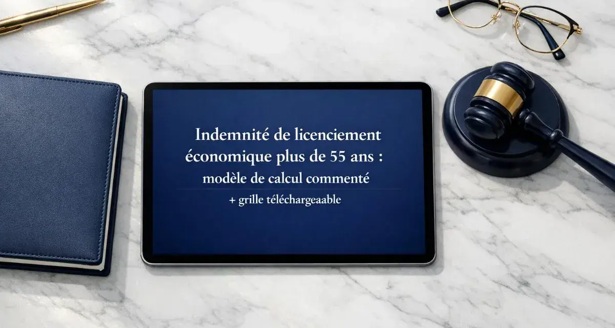 Tablette affichant "Indemnité de licenciement économique plus de 55 ans : modèle de calcul commenté + grille téléchargeable". Un marteau de juge et des lunettes sont à côté.