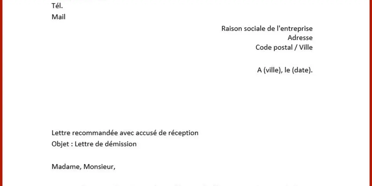 Modèle de lettre de démission. Ce document explique comment écrire une lettre de démission, avec les champs à remplir pour l'expéditeur et l'entreprise.