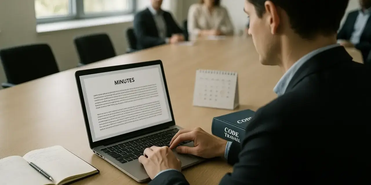 Un homme rédige le pv cse sur son ordinateur portable lors d'une réunion. Un livre "Code Travail" est posé à côté.