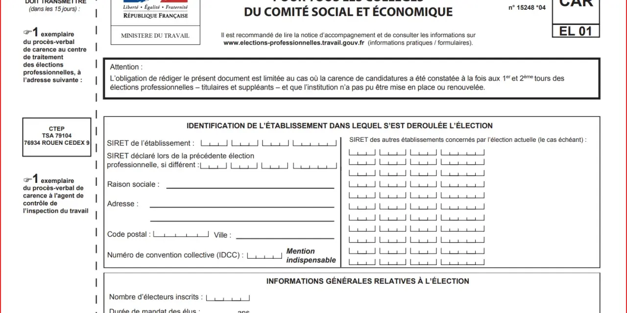 Modèle lettre information élection CSE : procès-verbal de carence pour les collèges du Comité Social et Économique.