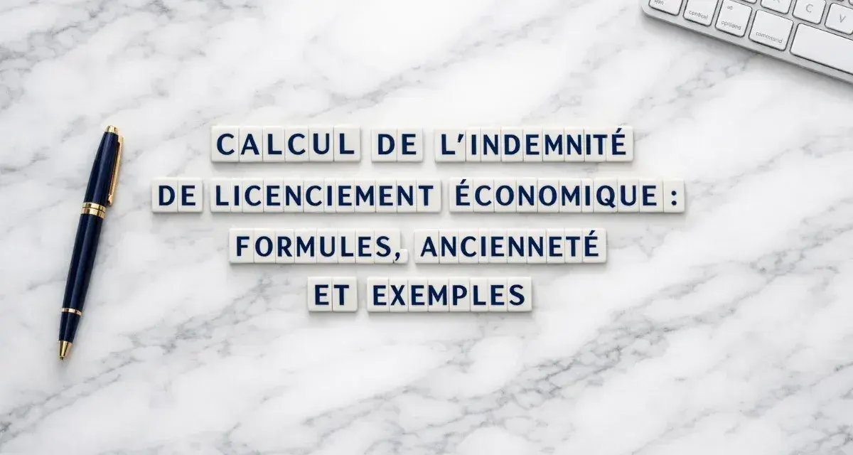 Calcul de l'indemnité de licenciement économique : formules, ancienneté et exemples. Un stylo et un clavier sur fond marbre.