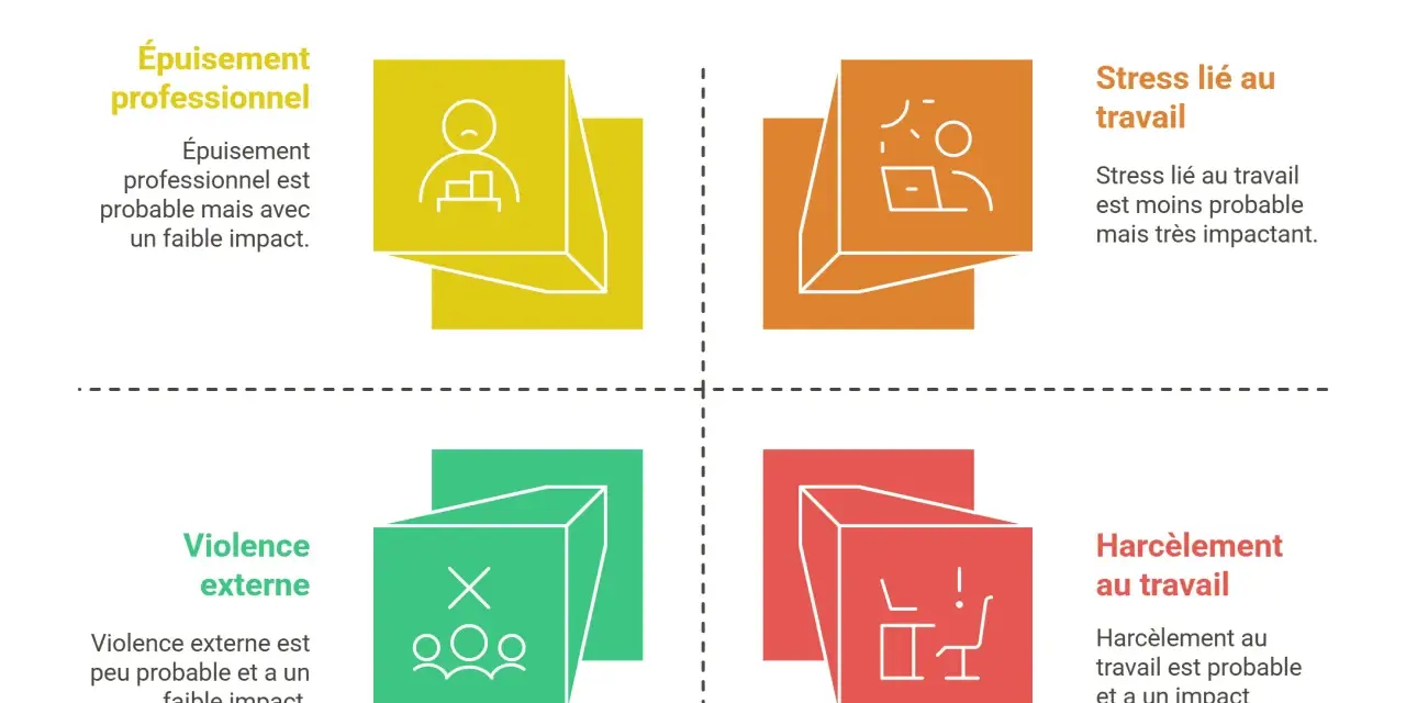 Matrice des risques psychosociaux : épuisement, stress, violence externe et harcèlement au travail, conformément aux l4121-1 et l4121-2 du code du travail.