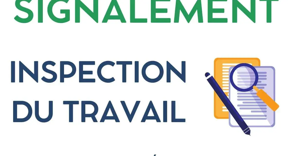 Modèle de lettre pour signaler un problème à l'inspection du travail. Illustration d'un document, d'une loupe et d'un stylo.