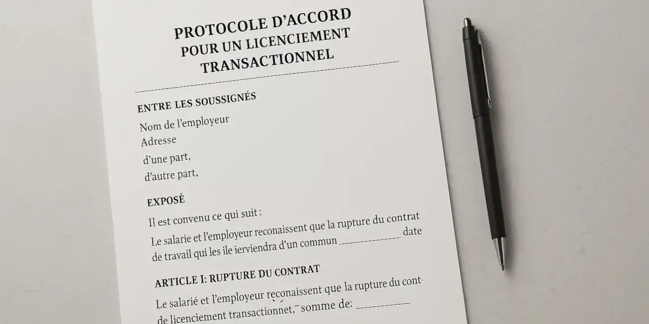 Protocole d'accord pour un licenciement transactionnel en France. Un stylo noir repose à côté du document.
