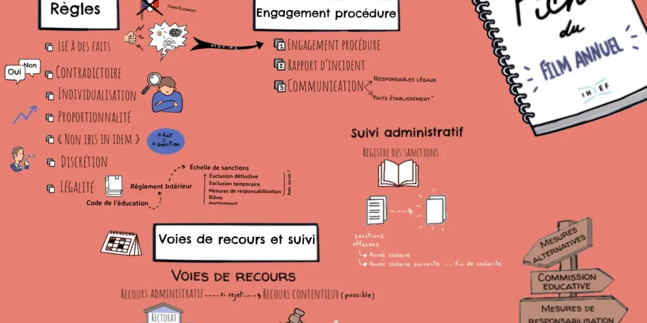 Schéma des procédures disciplinaires, incluant les règles, l'engagement de procédure, le suivi administratif et les voies de recours. Une lettre de sanction disciplinaire est au cœur de ce processus.