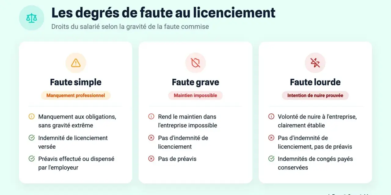 Tableau comparant les degrés de faute : faute simple, faute grave et faute lourde, avec leurs conséquences sur les droits du salarié.