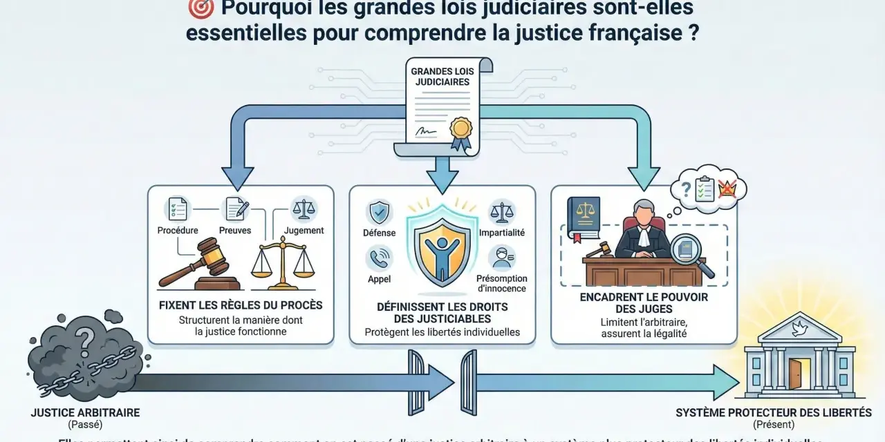 Schéma expliquant l'importance des lois judiciaires. La jurisprudence en droit social évolue pour passer d'une justice arbitraire à un système protecteur des libertés.