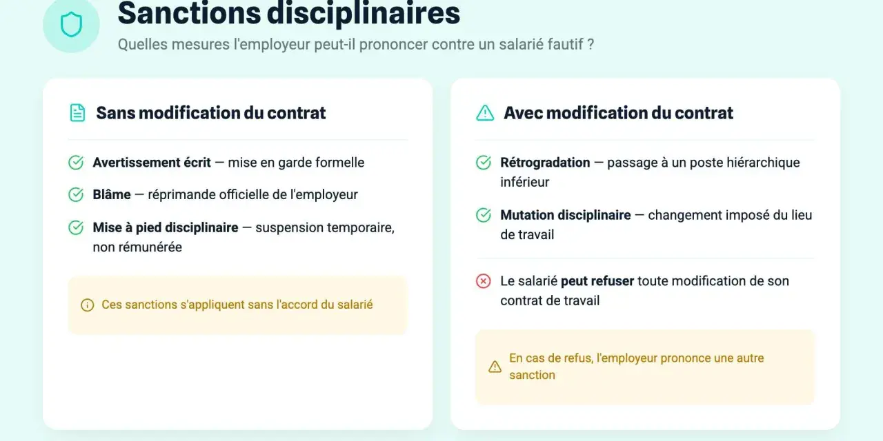 Sanctions disciplinaires : avertissement, blâme, mise à pied, rétrogradation ou mutation disciplinaire. L'employeur peut agir sans accord du salarié.