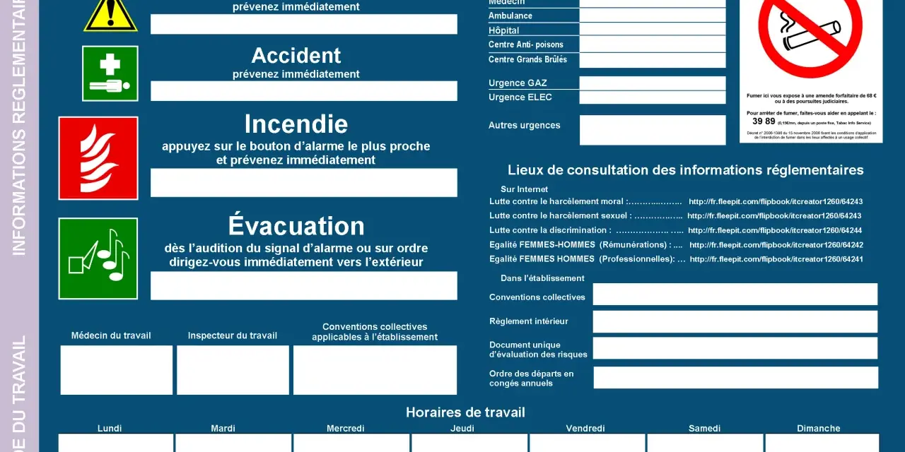 Panneau d'affichage obligatoire en entreprise : sécurité, urgences, interdiction de fumer, et informations réglementaires.