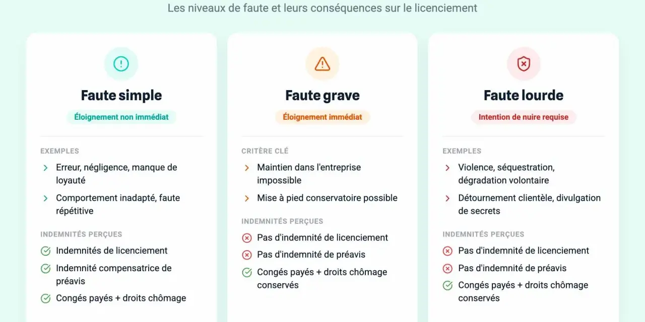 Tableau comparatif des niveaux de faute : faute simple (ex: négligence), faute grave et faute lourde, avec leurs conséquences sur le licenciement.