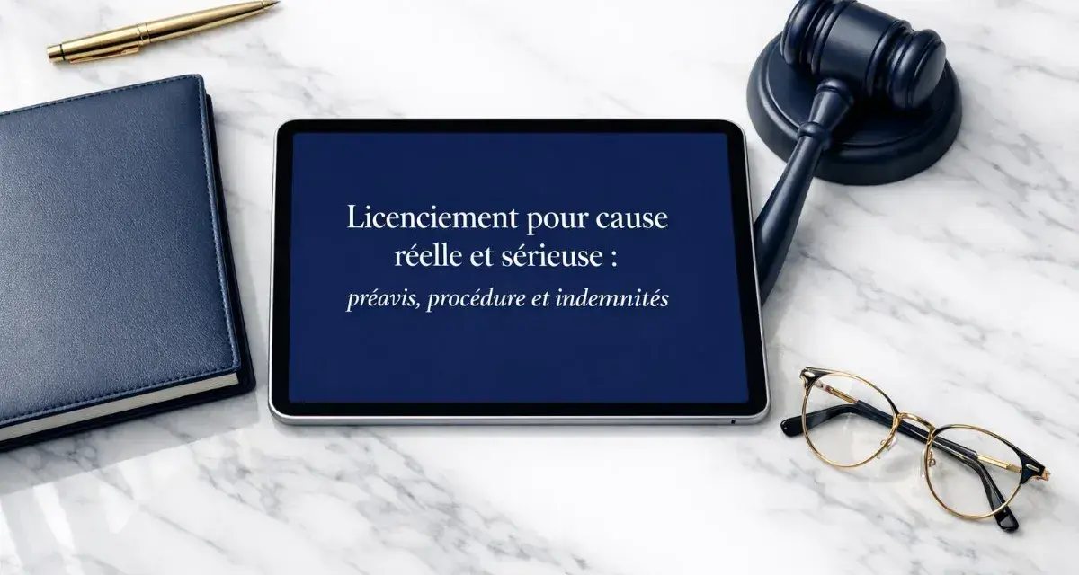 Tablette affichant "Licenciement pour cause réelle et sérieuse : préavis, procédure et indemnités", avec un marteau de juge, un carnet et un stylo.