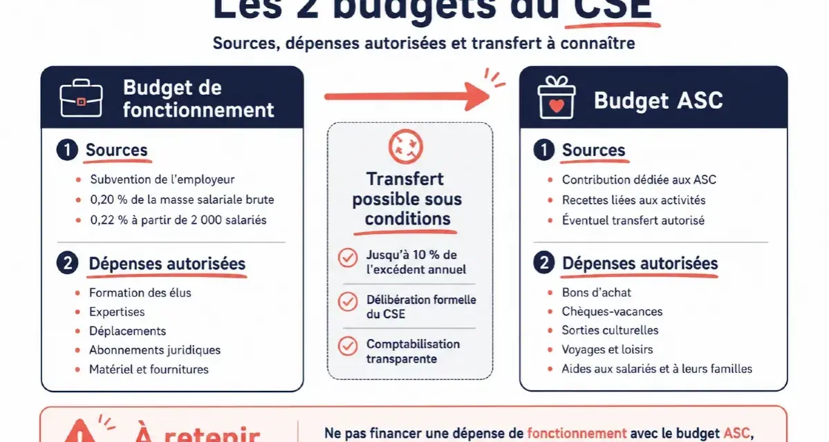 Budget de fonctionnement et ASC du CSE : sources, dépenses et transferts possibles. Le budget asc cse plus de 50 salariés est détaillé.