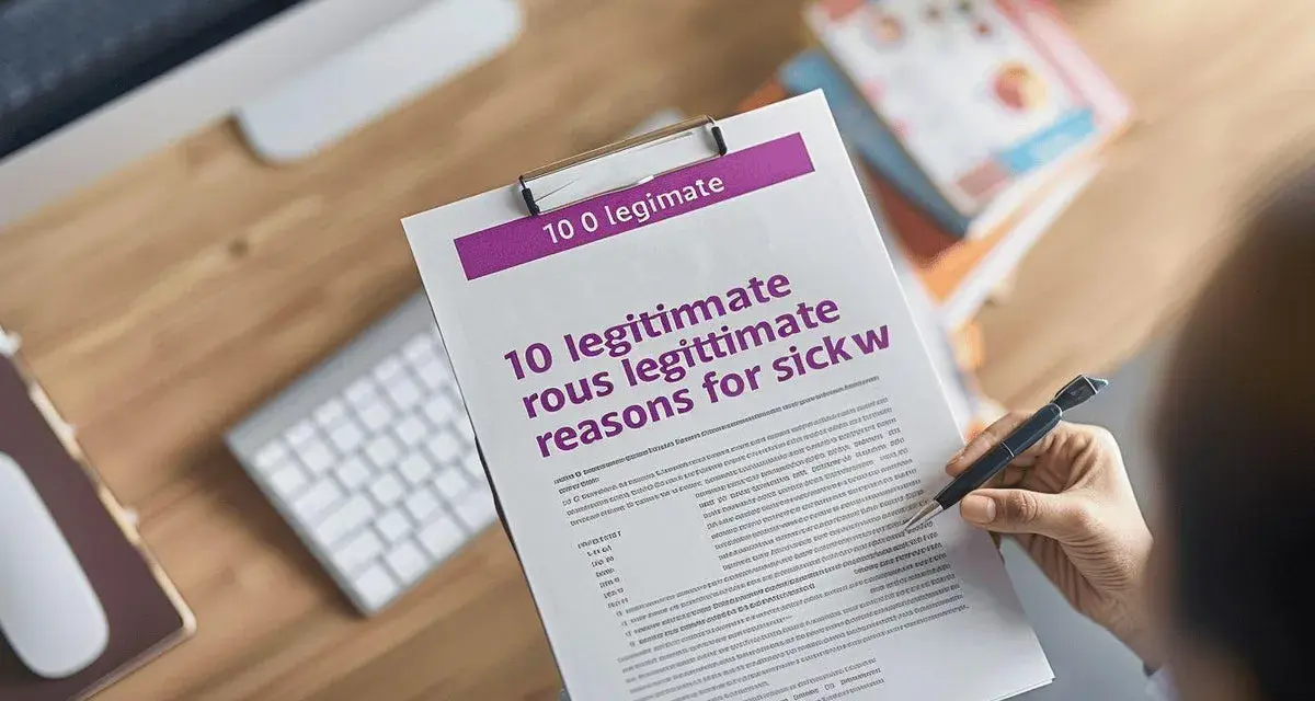 Une personne examine un document intitulé "10 raisons légitimes pour un arrêt de travail". Le document est sur un presse-papiers, avec un clavier et une souris à proximité.