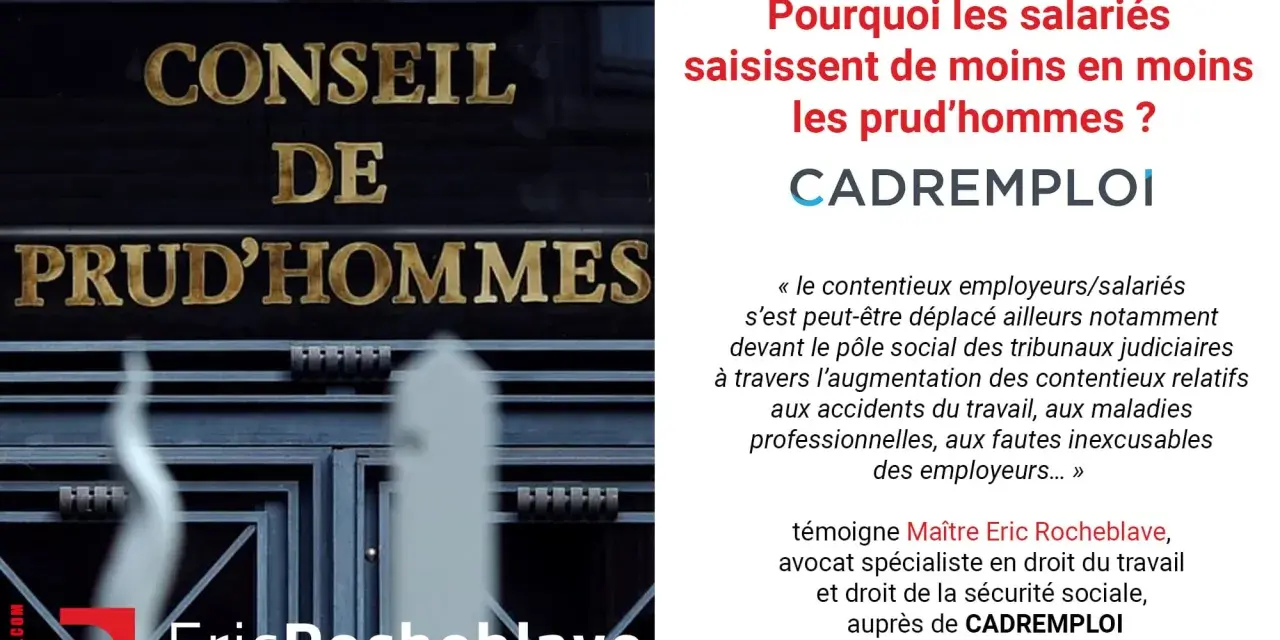 Le bâtiment du Conseil de Prud'hommes, avec le texte "Pourquoi les salariés saisissent de moins en moins les prud'hommes ?" et le témoignage d'un avocat sur le verdict jugement prud'hommes.