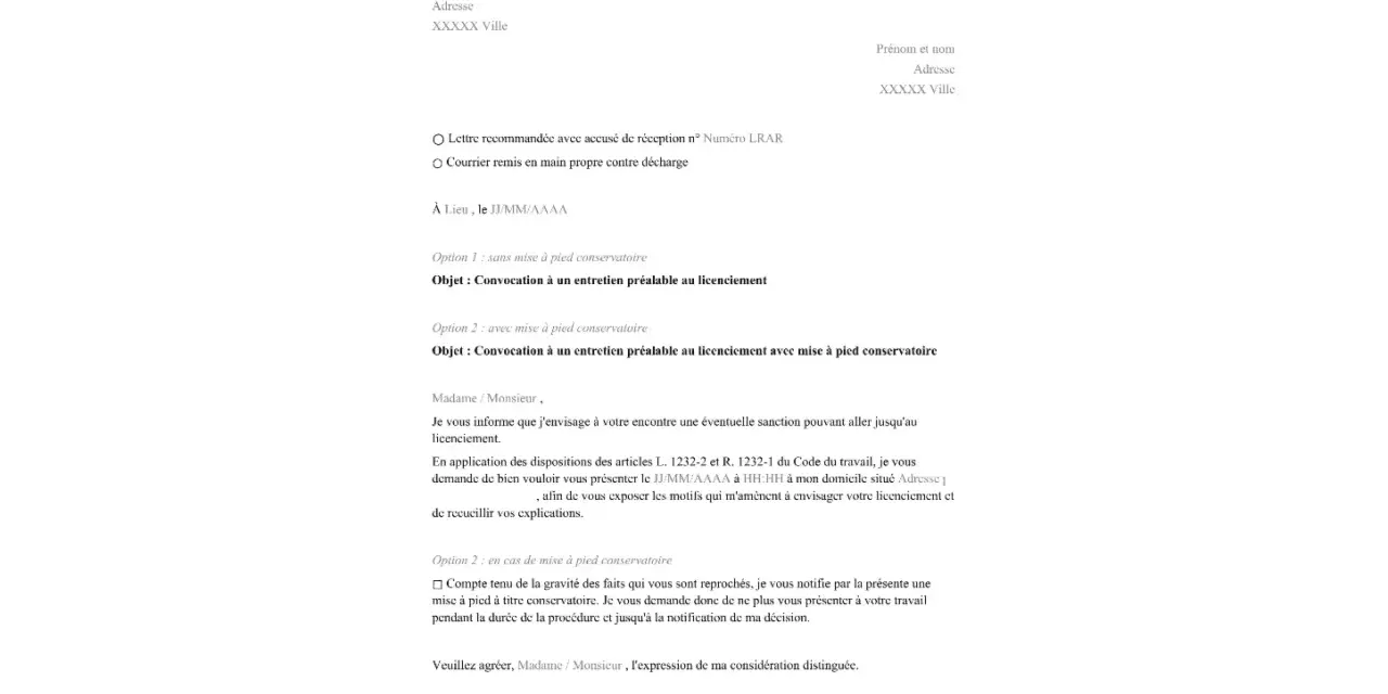 Convocation à un entretien préalable au licenciement sans motif. Le document détaille les démarches pour un entretien, avec ou sans mise à pied conservatoire.