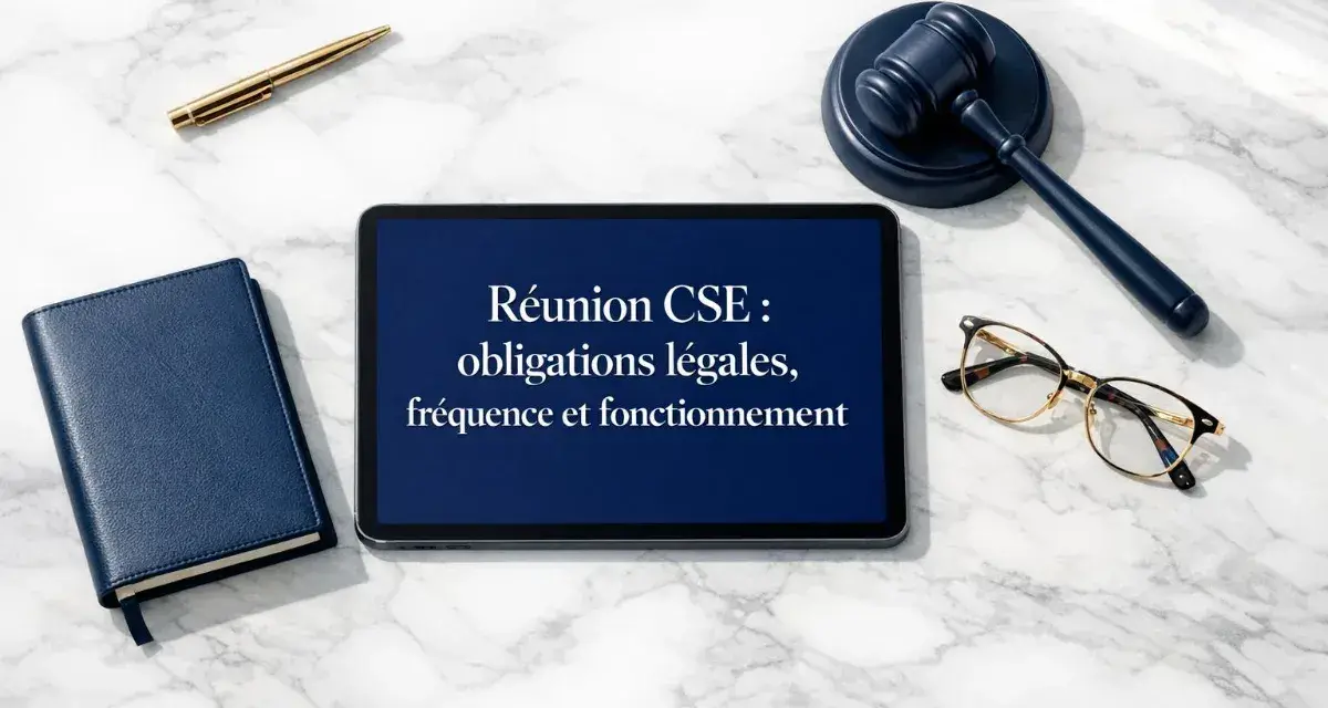 Sur une tablette, "Réunion CSE : obligations légales, fréquence et fonctionnement". Un marteau de juge, des lunettes et un carnet complètent la scène, évoquant le respect du code du travail.