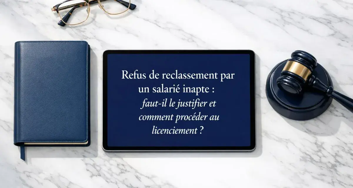 Un juge, un livre bleu et une tablette affichant "Refus de reclassement par un salarié inapte : faut-il le justifier et comment procéder au licenciement ?" sur fond marbre.