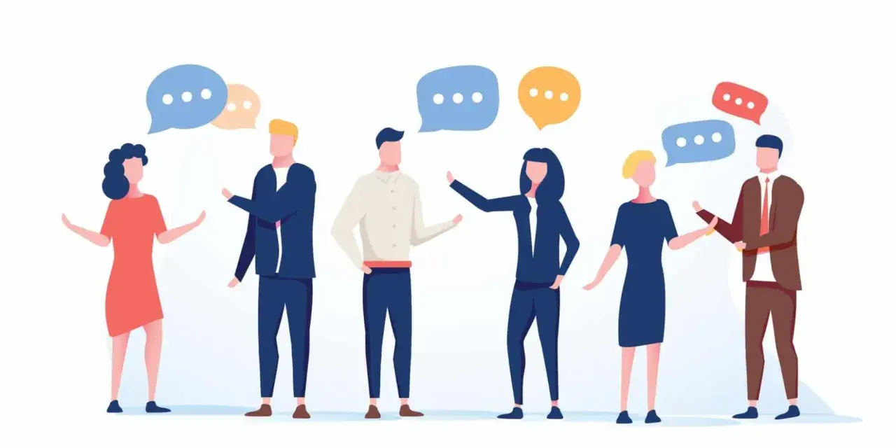 Six personnes discutent, leurs bulles de dialogue flottant au-dessus. Un baromètre social de la communication.