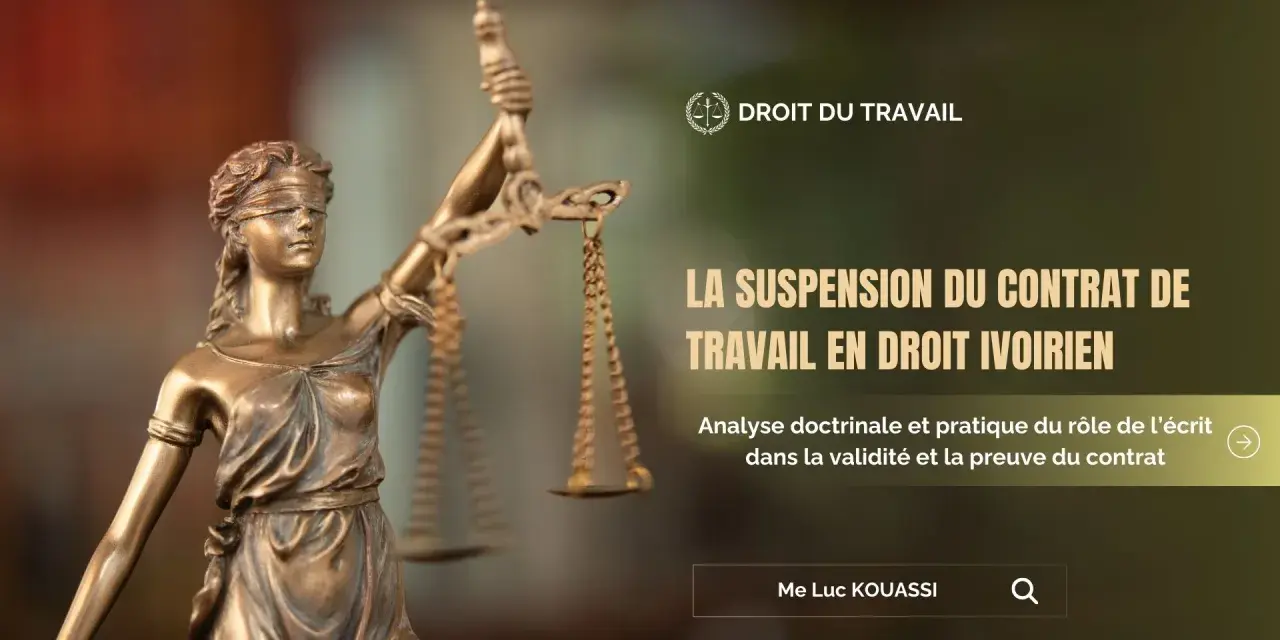 La justice et la balance symbolisent le droit du travail, abordant la suspension du contrat de travail en droit ivoirien.