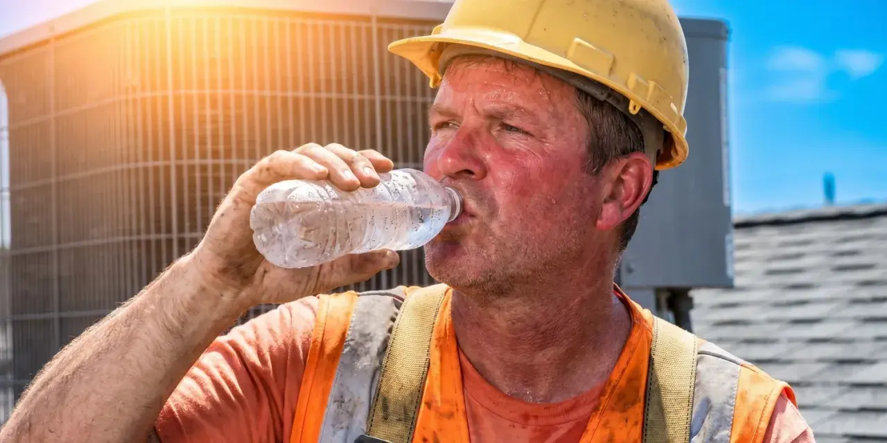 Ouvrier en sueur, casque jaune, buvant de l'eau sous un soleil de plomb. La condition de travail difficile est évidente sur son visage rougi.
