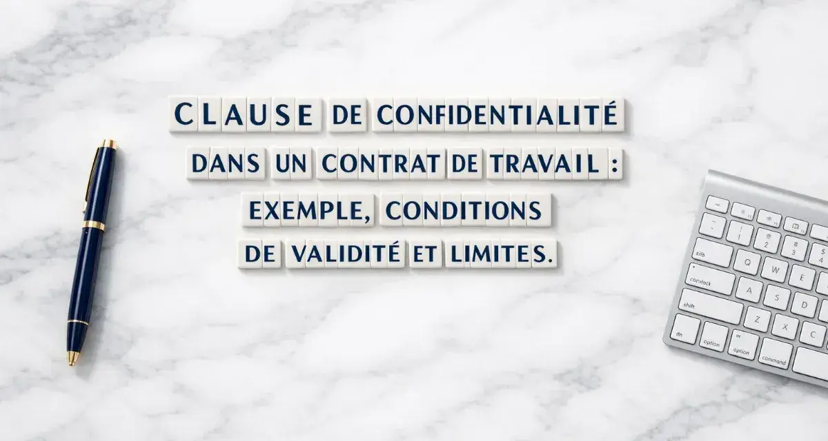 Une clause de confidentialité dans un contrat de travail : exemple, conditions de validité et limites. Stylo et clavier sur fond marbre.