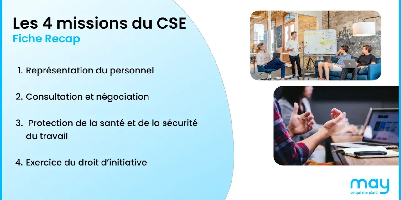 Les 4 missions du CSE : représentation, consultation, protection santé/sécurité et droit d'initiative. Illustration de réunions professionnelles.
