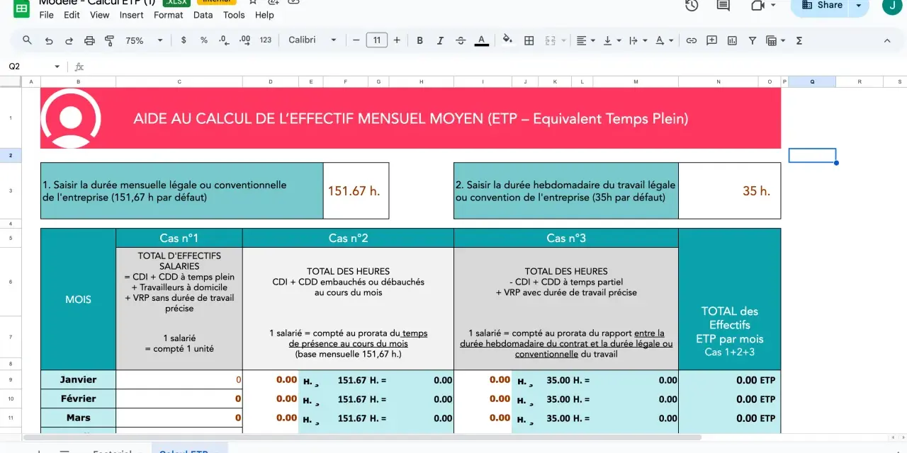 Tableau de calcul de l'ETP (Equivalent Temps Plein) pour la gestion des effectifs. Il détaille les cas de calcul et les entrées pour janvier, février et mars.