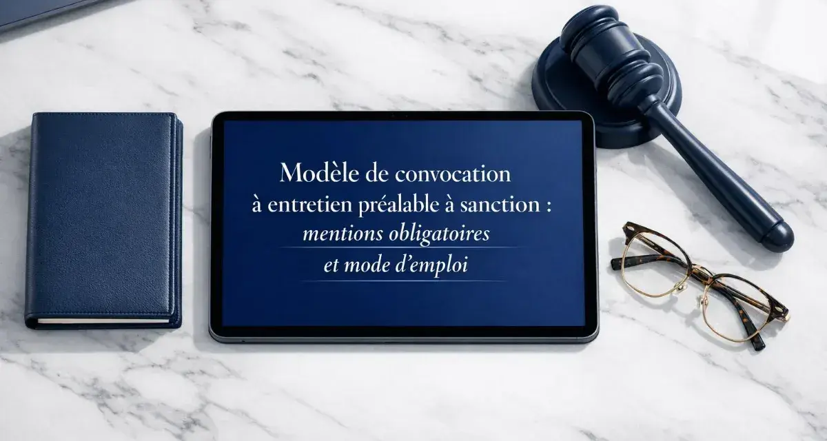 Modèle de convocation à entretien préalable à sanction : mentions obligatoires et mode d'emploi sur une tablette, avec un livre bleu, des lunettes et un maillet de juge.