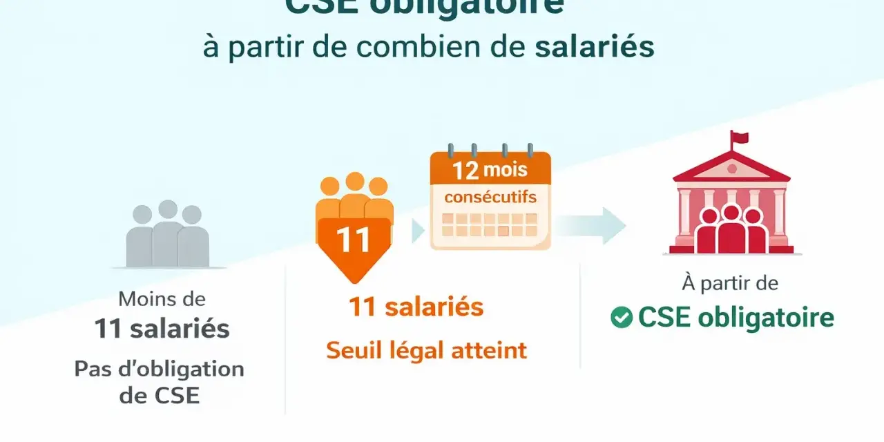 Moins de 11 salariés : pas d'obligation de CSE. 11 salariés et 12 mois consécutifs : CSE obligatoire.