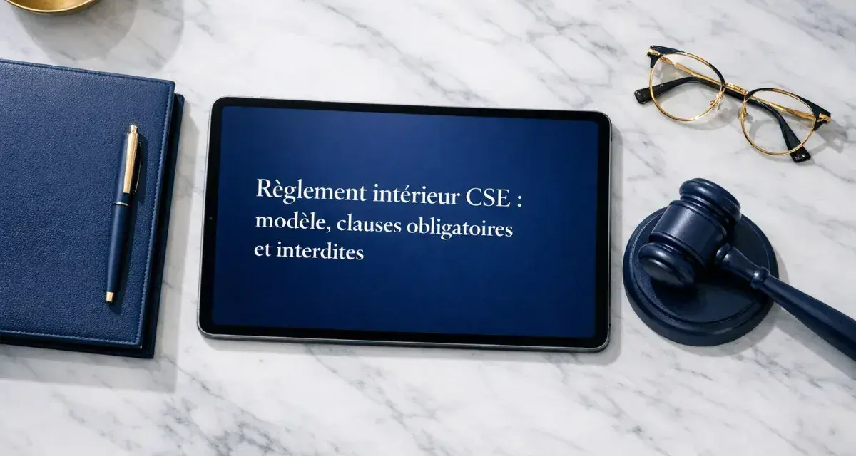 Sur une table en marbre, un règlement intérieur CSE est affiché sur une tablette. Un maillet de juge, des lunettes et un carnet bleu avec un stylo sont disposés autour. Le délai convocation cse 3 jours ouvrables est un point clé.