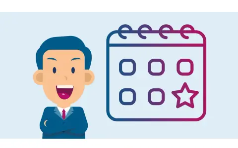 Un homme souriant à côté d'un calendrier avec une étoile, symbolisant un bon de délégation CSE approuvé.