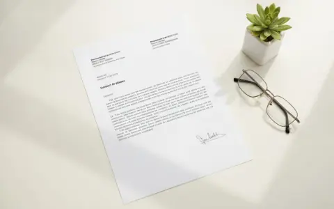 Une lettre de départ à la retraite est posée sur un bureau, à côté de lunettes et d'une plante.