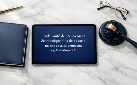 Tablette affichant "Indemnité de licenciement économique plus de 55 ans : modèle de calcul commenté + grille téléchargeable". Un marteau de juge et des lunettes sont à côté.