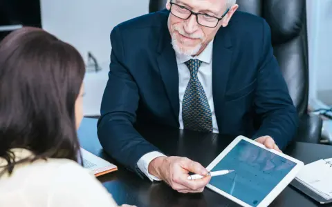 Un homme d'affaires expérimenté partage son expertise CSE en montrant un calendrier sur une tablette à une collègue.