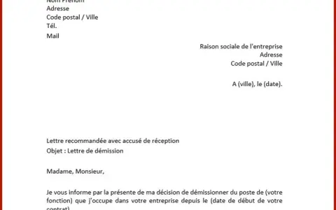 Modèle de lettre de démission. Ce document explique comment écrire une lettre de démission, avec les champs à remplir pour l'expéditeur et l'entreprise.