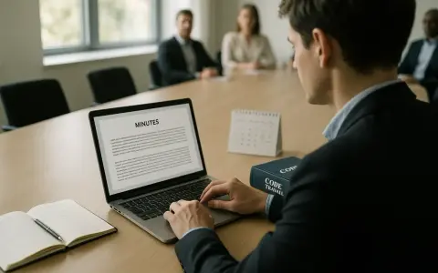 Un homme rédige le pv cse sur son ordinateur portable lors d'une réunion. Un livre "Code Travail" est posé à côté.