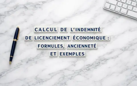 Calcul de l'indemnité de licenciement économique : formules, ancienneté et exemples. Un stylo et un clavier sur fond marbre.