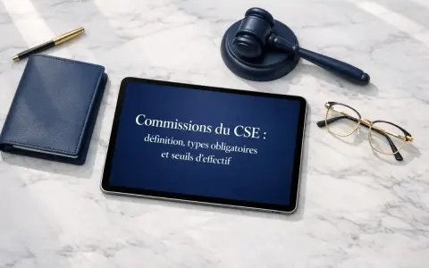 Tablette affichant "Commissions du CSE : définition, types obligatoires et seuils d'effectif", près d'un carnet, d'un stylo, d'un maillet et de lunettes.