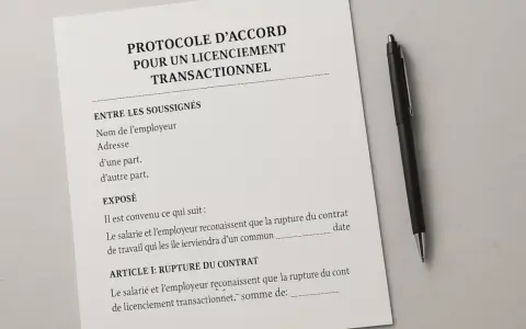 Protocole d'accord pour un licenciement transactionnel en France. Un stylo noir repose à côté du document.