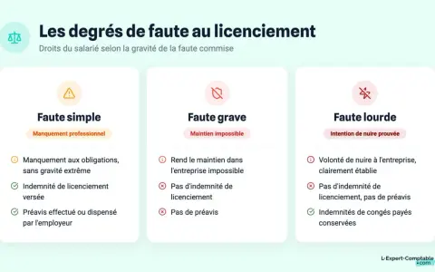 Tableau comparant les degrés de faute : faute simple, faute grave et faute lourde, avec leurs conséquences sur les droits du salarié.