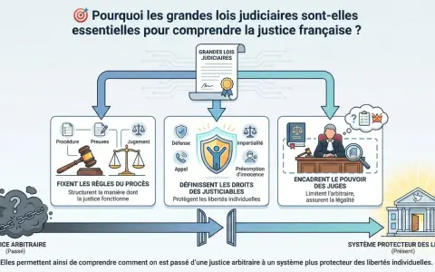 Schéma expliquant l'importance des lois judiciaires. La jurisprudence en droit social évolue pour passer d'une justice arbitraire à un système protecteur des libertés.