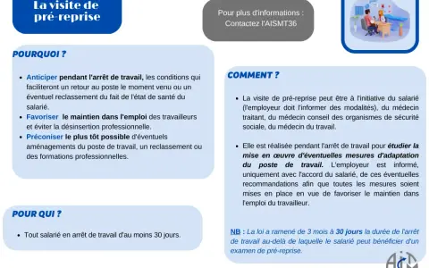 La visite de pré-reprise aide à anticiper le retour au travail et à favoriser le maintien dans l'emploi. Elle concerne tout salarié en arrêt de travail.